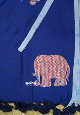 Ink Blue - Soft Mul Cotton Saree appliqué elephant motif 1